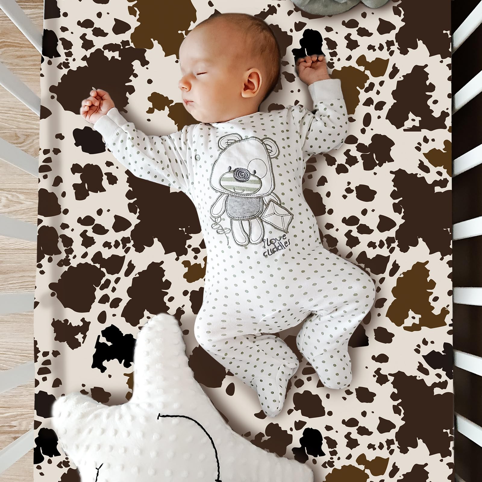 3 Piece Patchwork Western Crib Bedding Set, Neutral Cow Cactus Print Baby Bedding