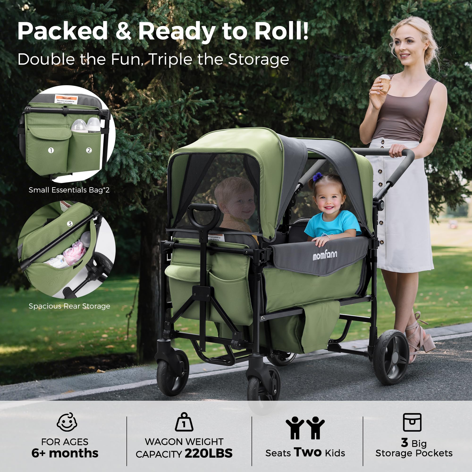4-in-1 Convertible Stroller Wagon for 2 Kids with Canopy