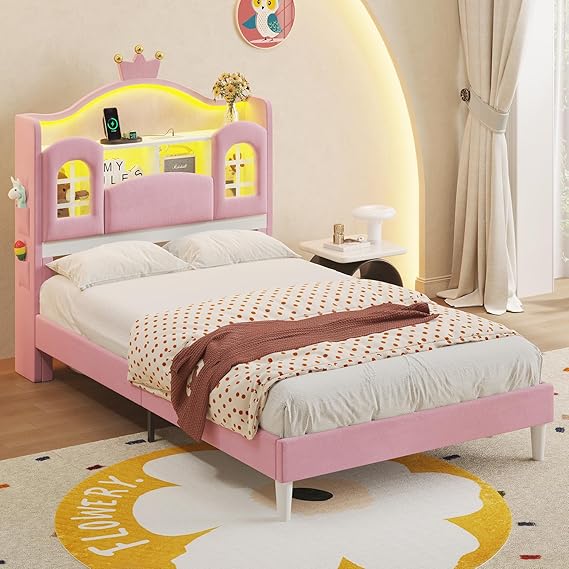 Dnxao Full Size Bed Frame with Storage Headboard, Princess Bed with LED Lights,Upholstered Girls Bed with Crown,Charging Station,No Box Spring Needed,Easy Assembly, White