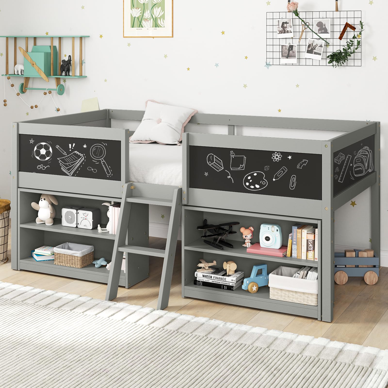 Low Loft Bed Twin Size, Wooden Loft Bed with Ladder & Blackboard
