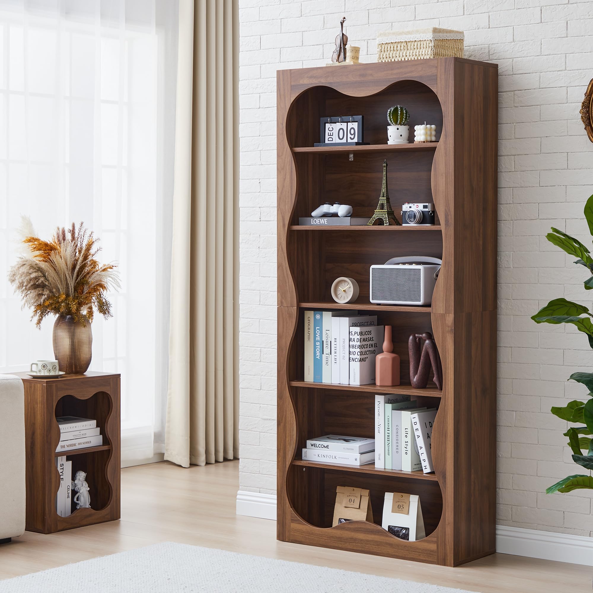 6 Tier Tall Bookshelf Wooden Storage Display Shelves