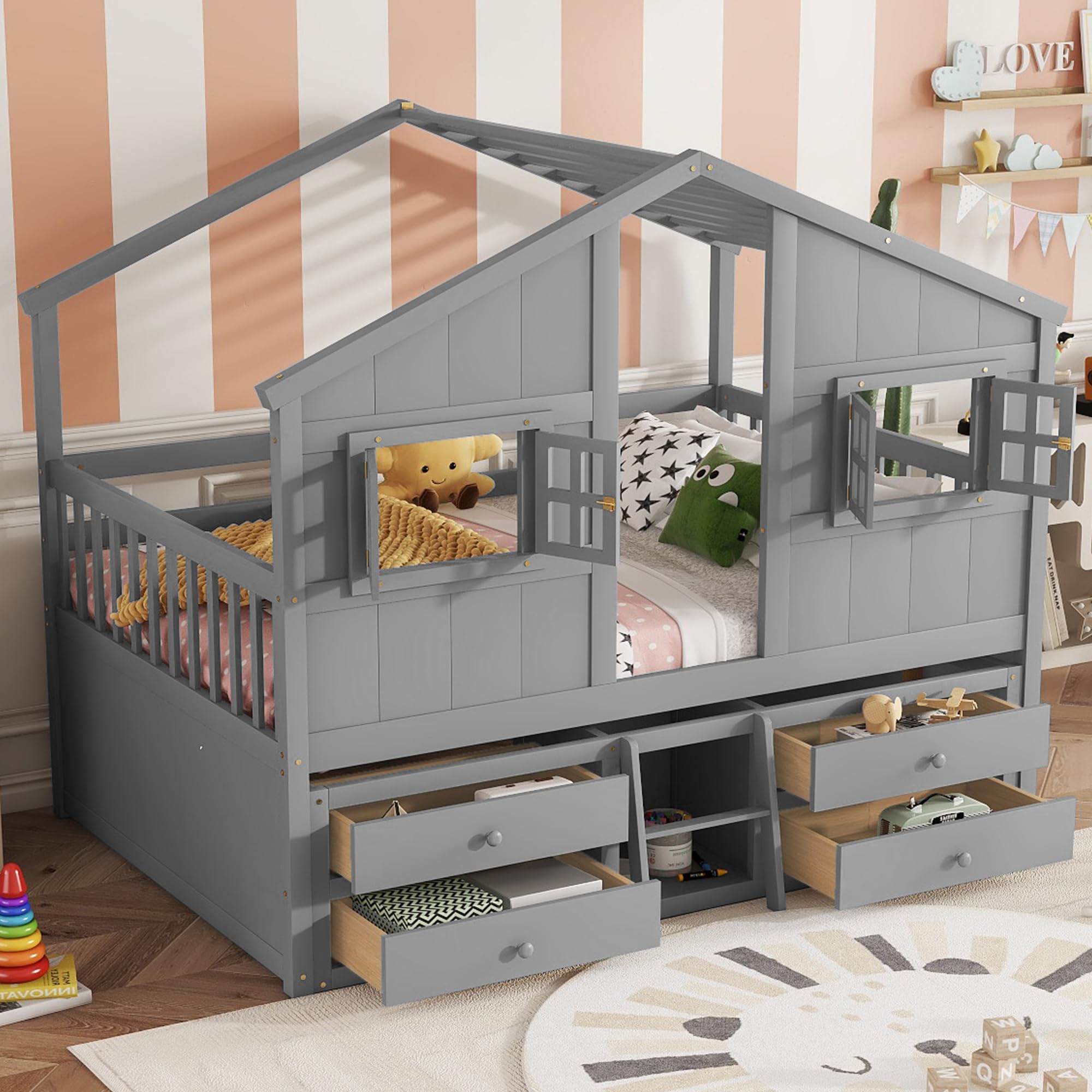 Full Size Wooden House-Shaped Loft Bed with Roof, Windows