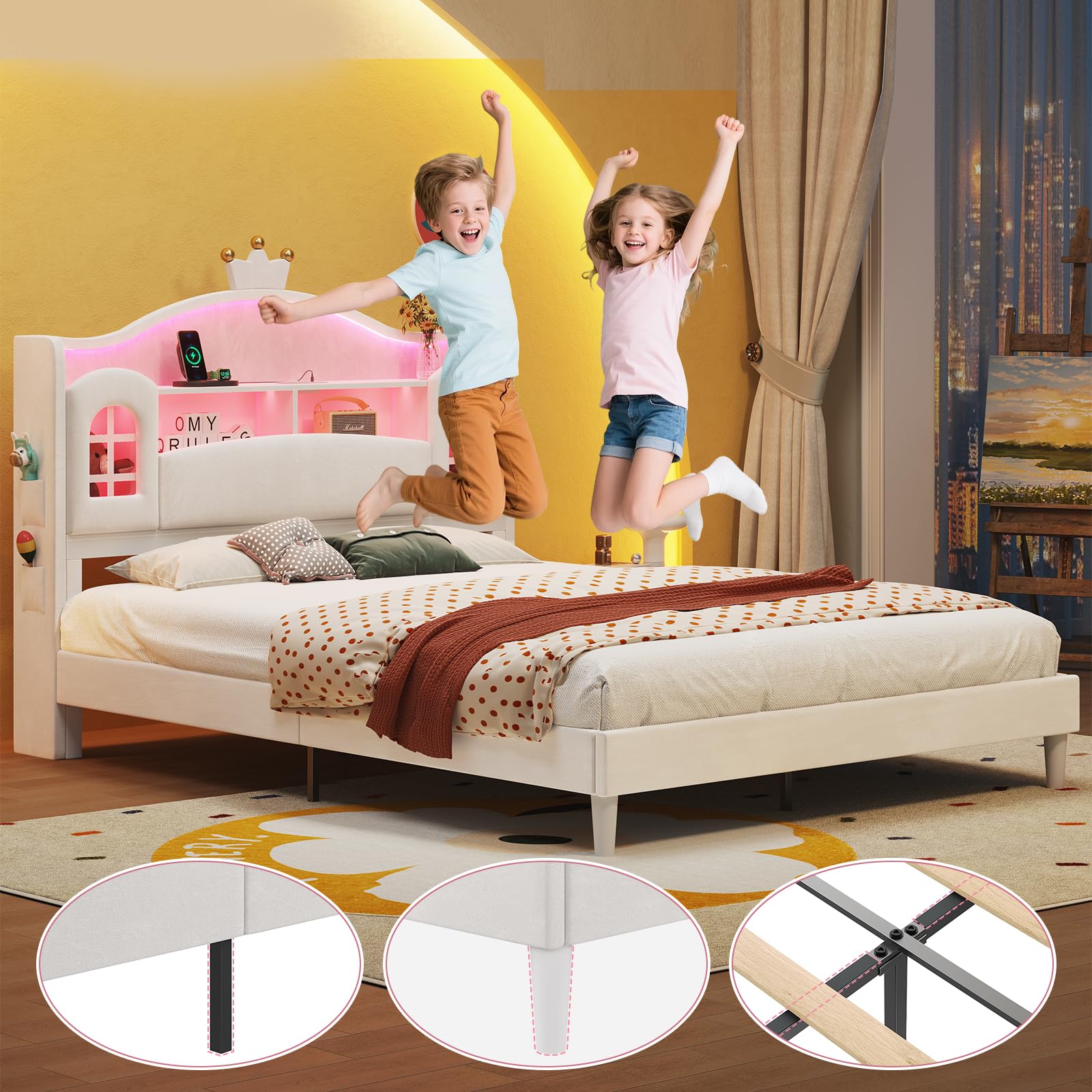 Princess Bed Frame Full Size with LED Lights and Storage