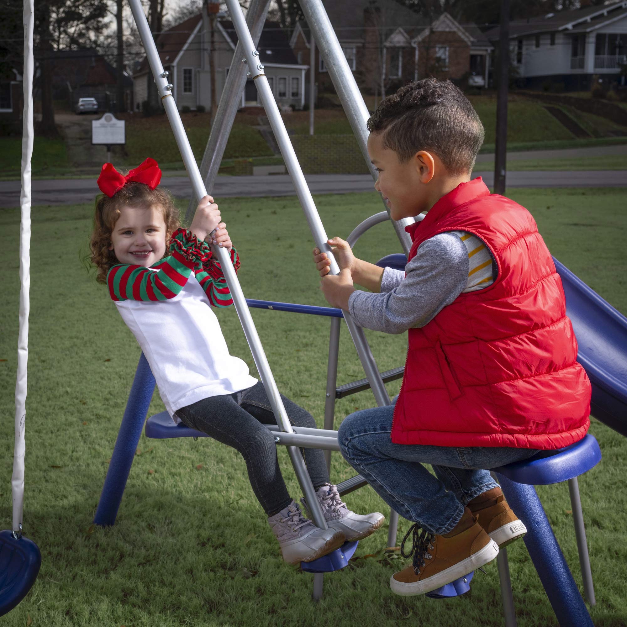 Galvanized Metal Swing Set 6 Station Outdoor Playset with Wave Slide