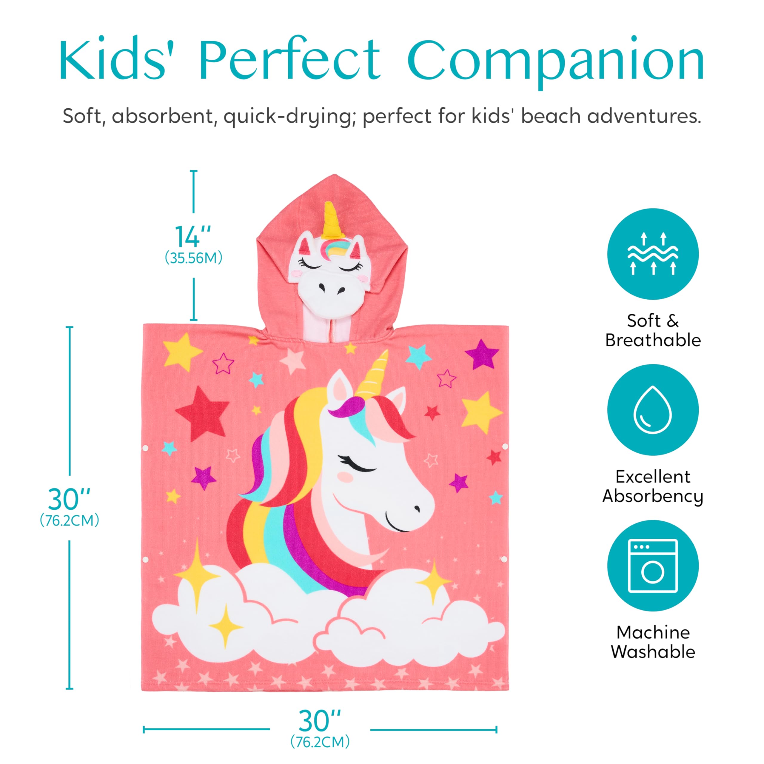 Kids Hooded Beach Towel Poncho with Snap Buttons