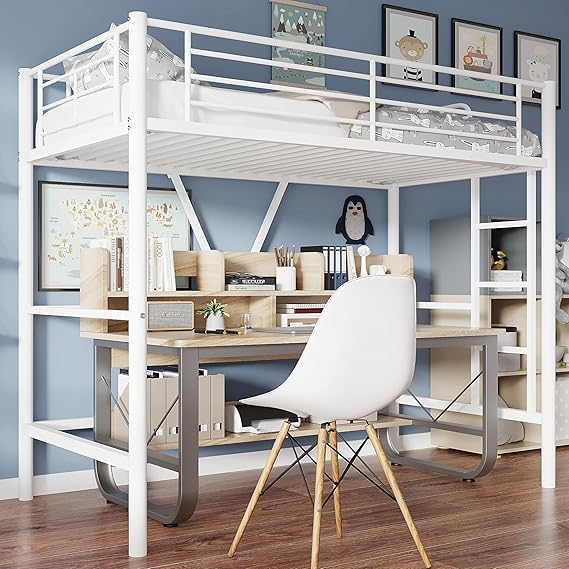 Twin Size Loft Bed with Full-Length Guardrails and Removable Ladder