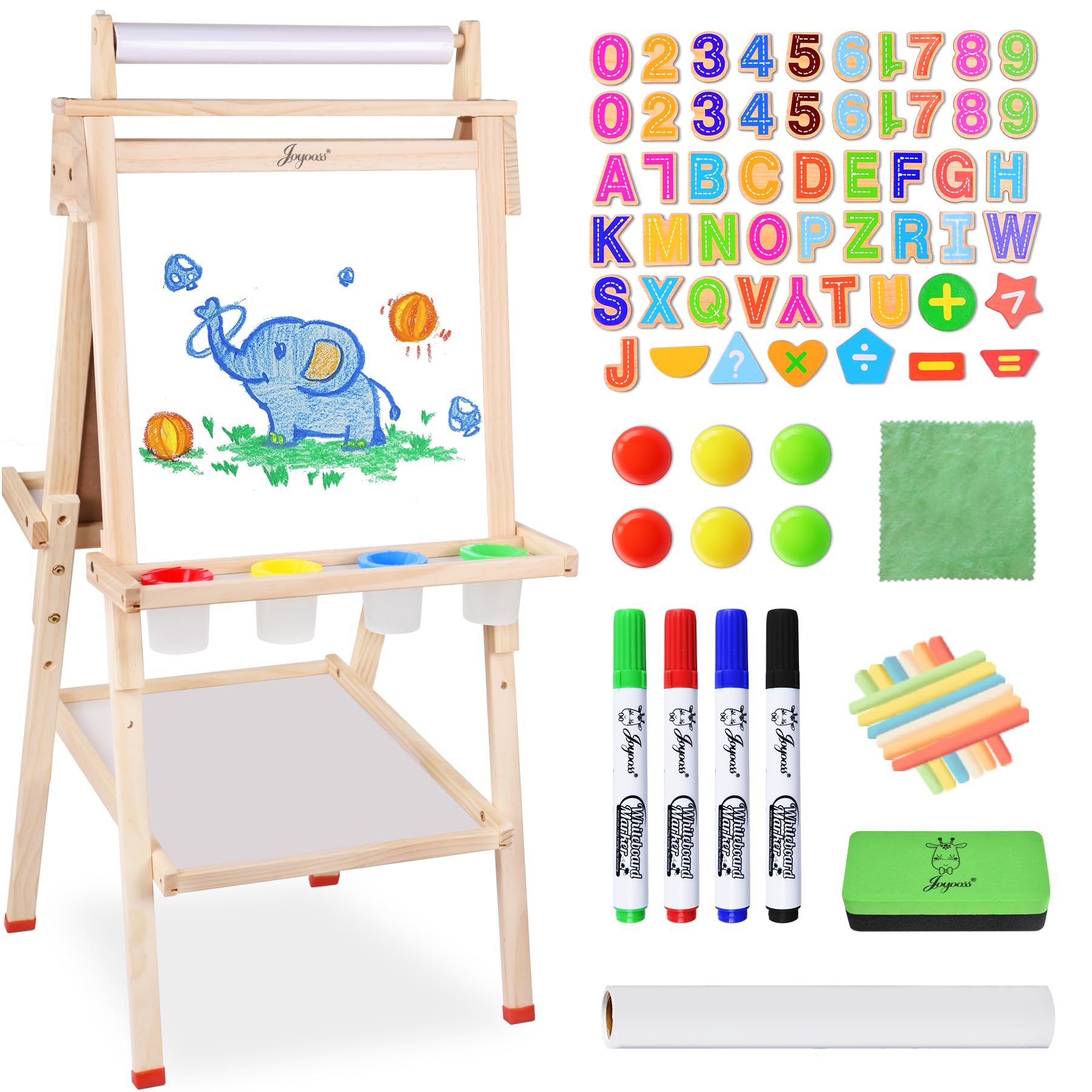 Joyooss Art Easel for Kids with Double-Sided Magnetic, Wooden Standing Kids Easel with Dry Erase Whiteboard & Chalkboard, Height Adjustable Children Easel with Paper Roll, Bonus Toddler Art Supplies