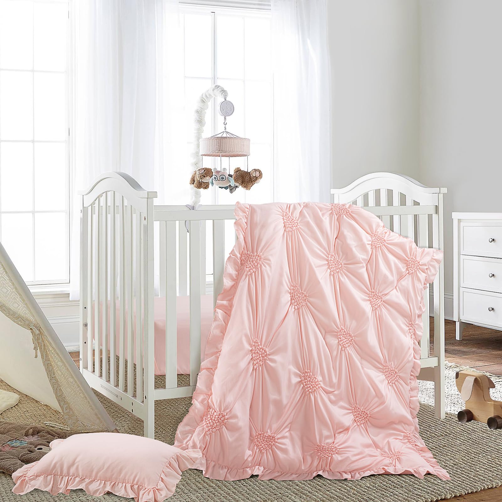 Princess Pink Crib Bedding Set with Pintuck Ruffles