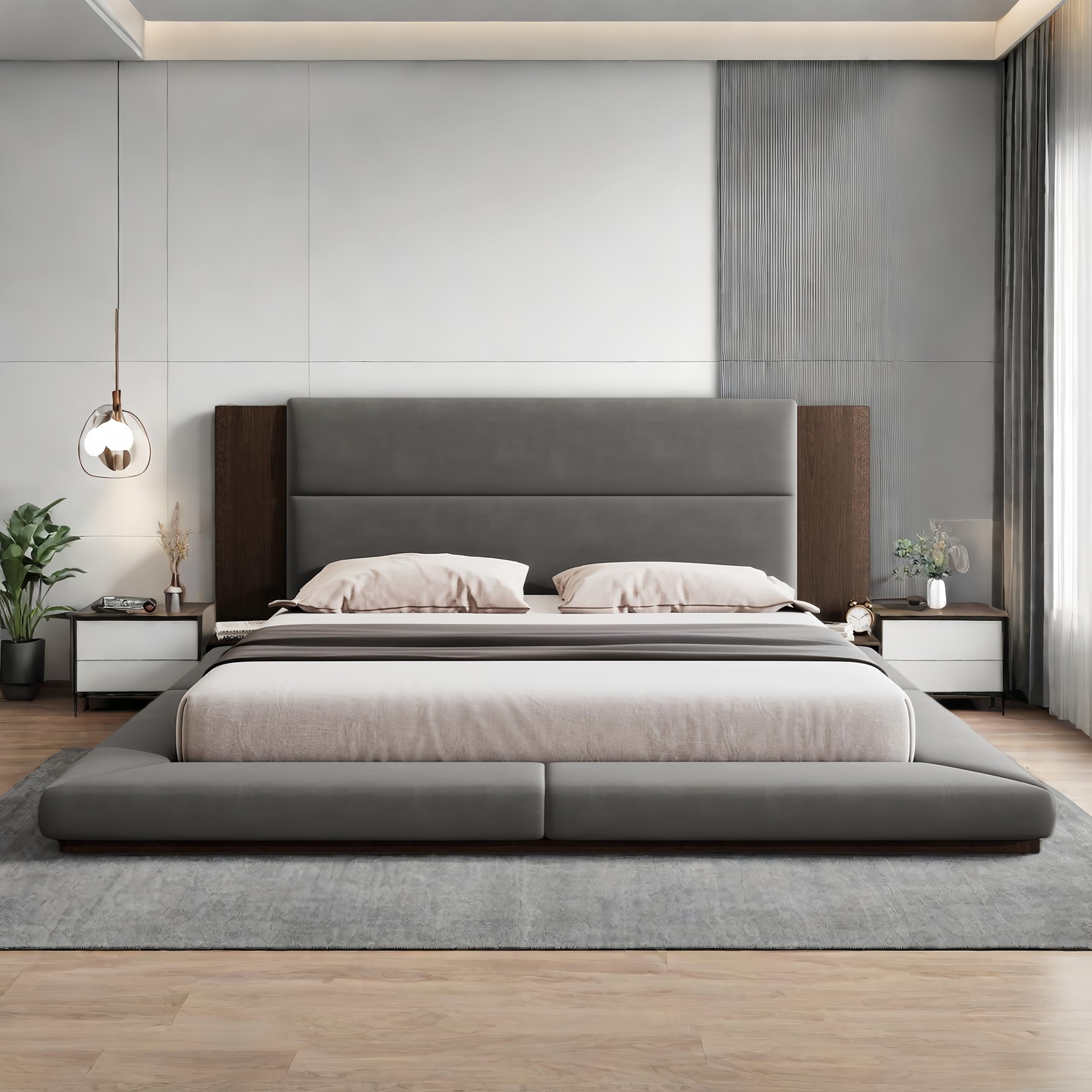 Velvet Floor Platform Bed Frame with Extended Headboard and Bedside Shelf