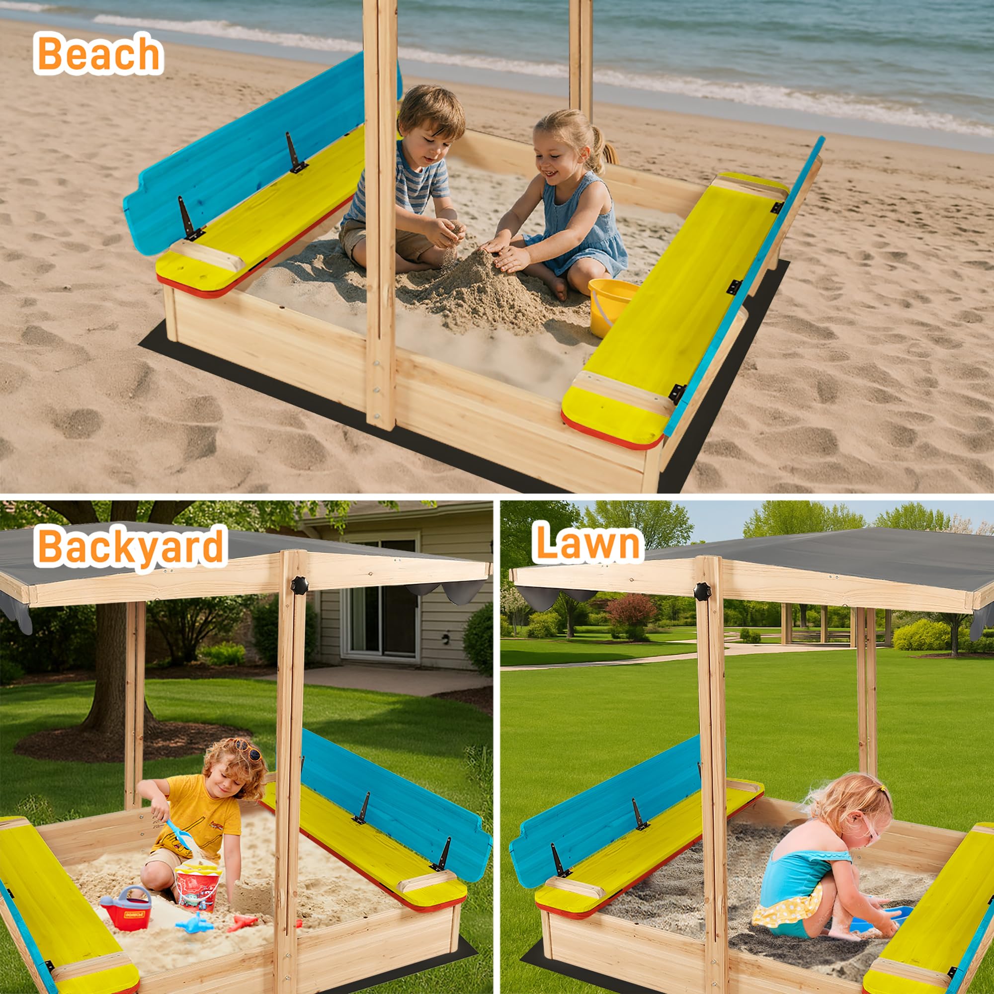 Wooden Sandbox with Canopy and Bench Seats