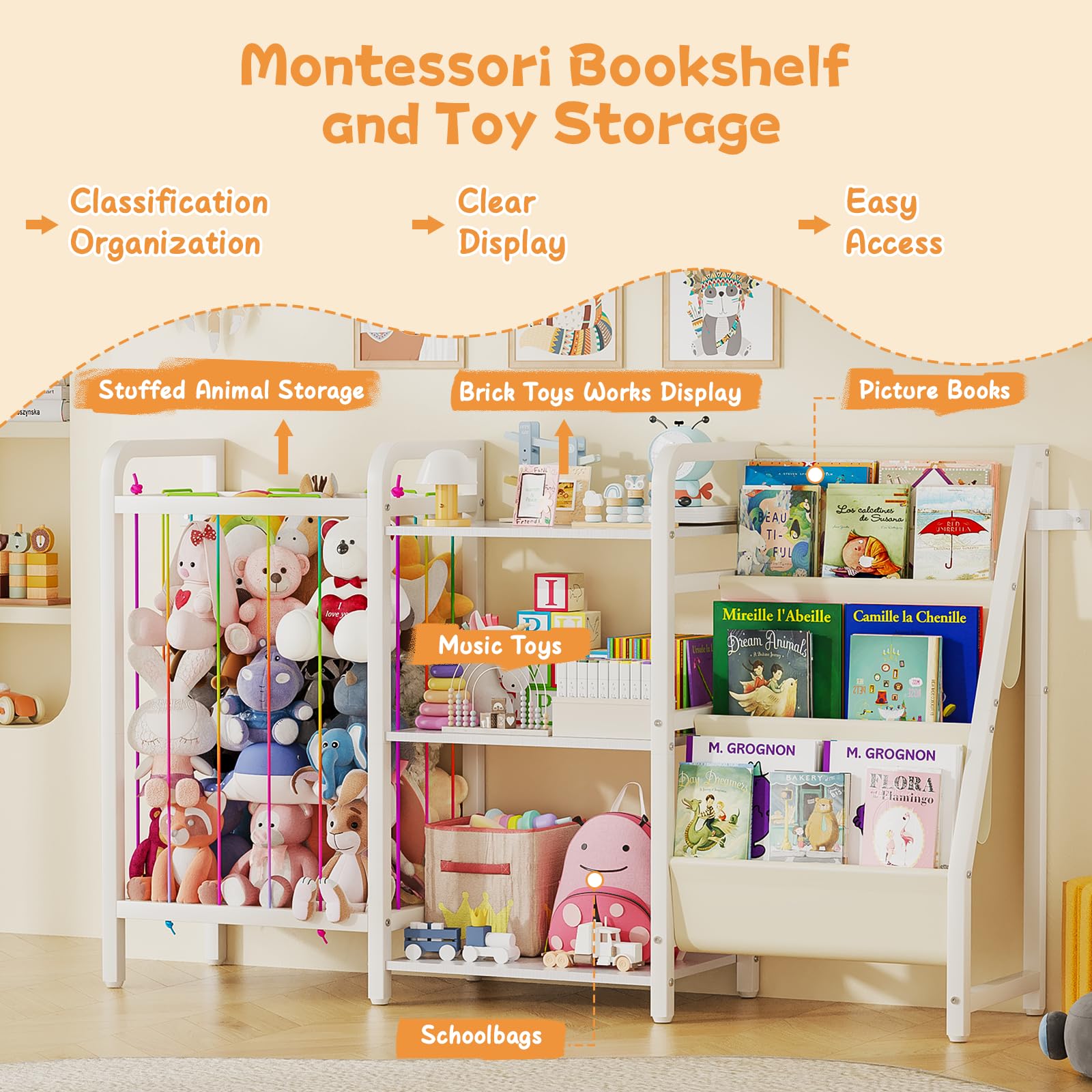 Kids Bookshelf and Toy Storage Organizer with Stuffed Animal Holder