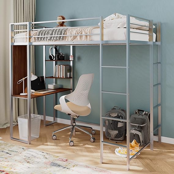 Metal Full Loft Bed with 2 Shelves and one Desk,Full Loft Bed,Easy Assembly
