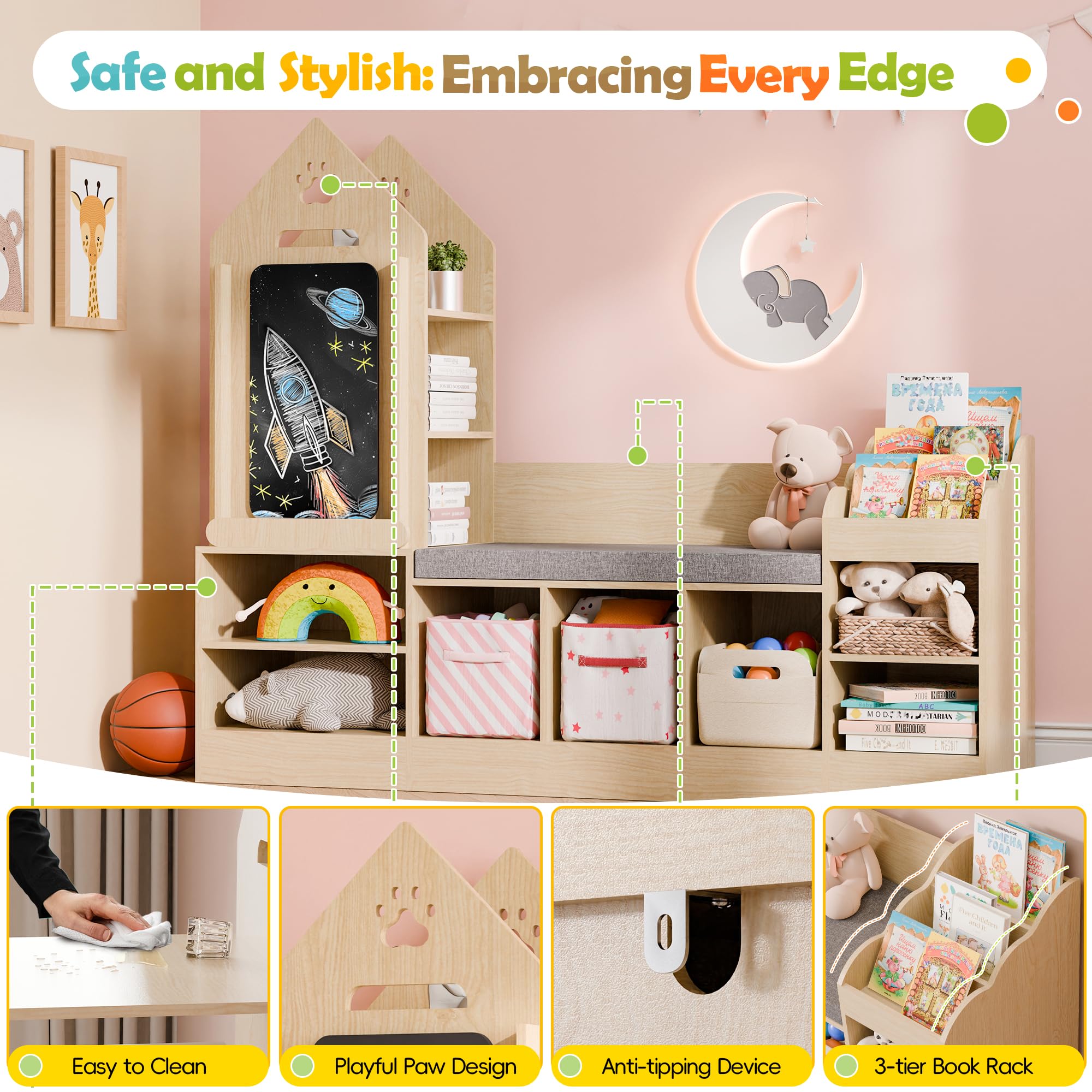 Kids Bookshelf with Reading Nook and Storage