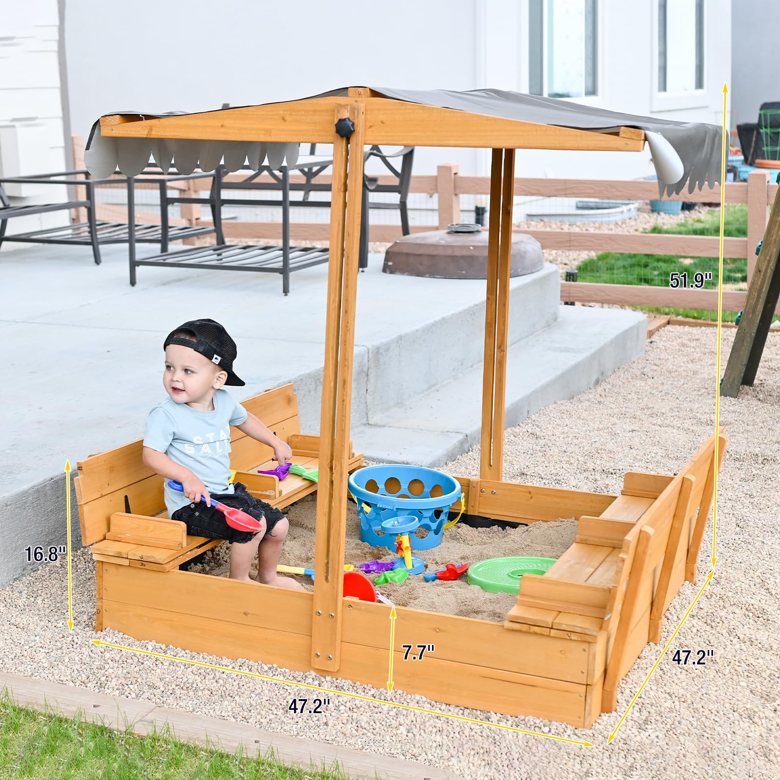 Wooden Sandbox with Canopy and Foldable Bench Seats