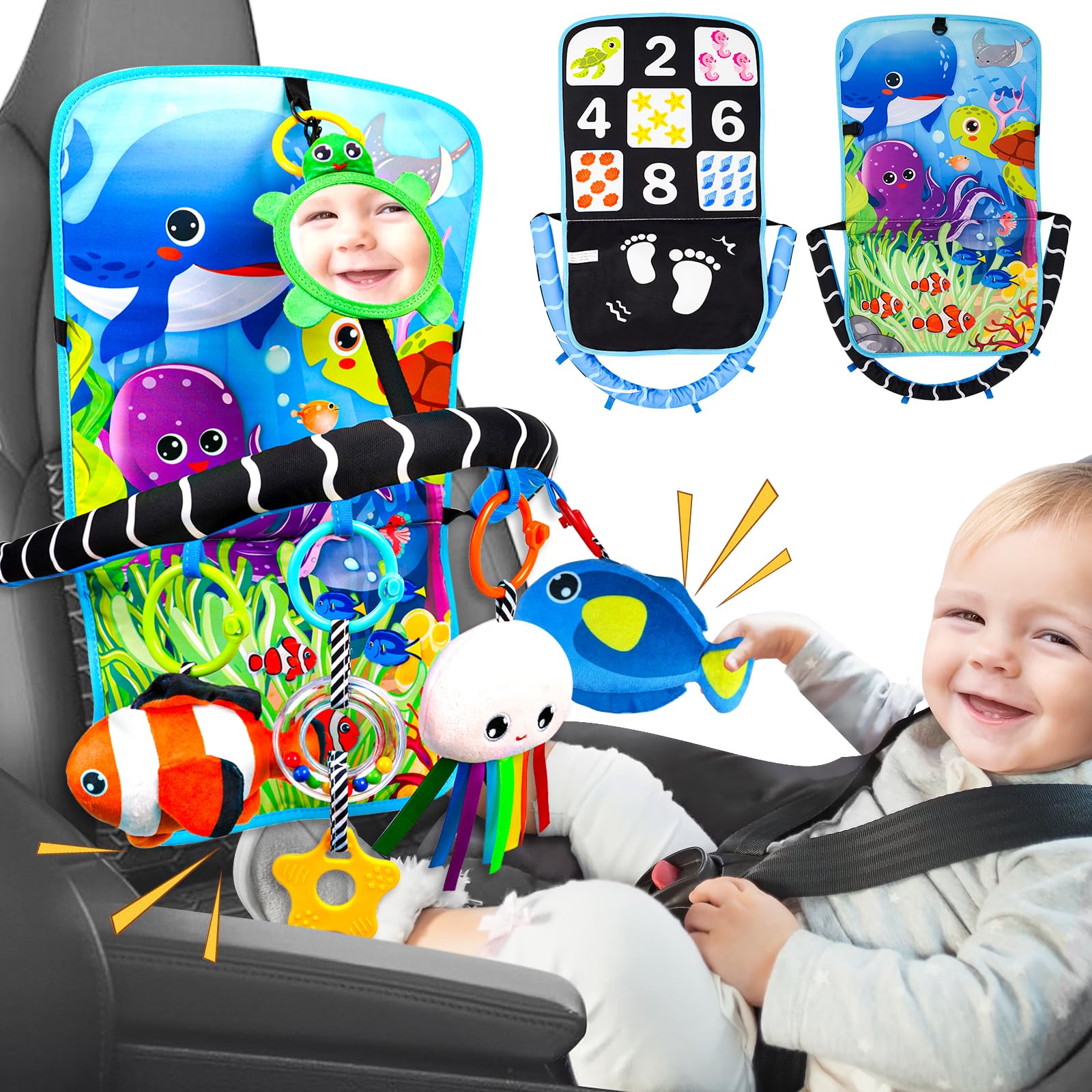 Baby Car Seat Ocean Animals Toys - Kick and Play Double Sided Infant Car Seat Toys