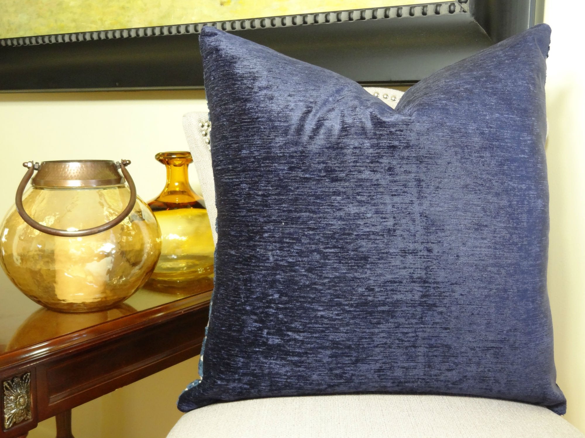Luxury Designer Decortative Throw Pillow - Navy Beige Graphic