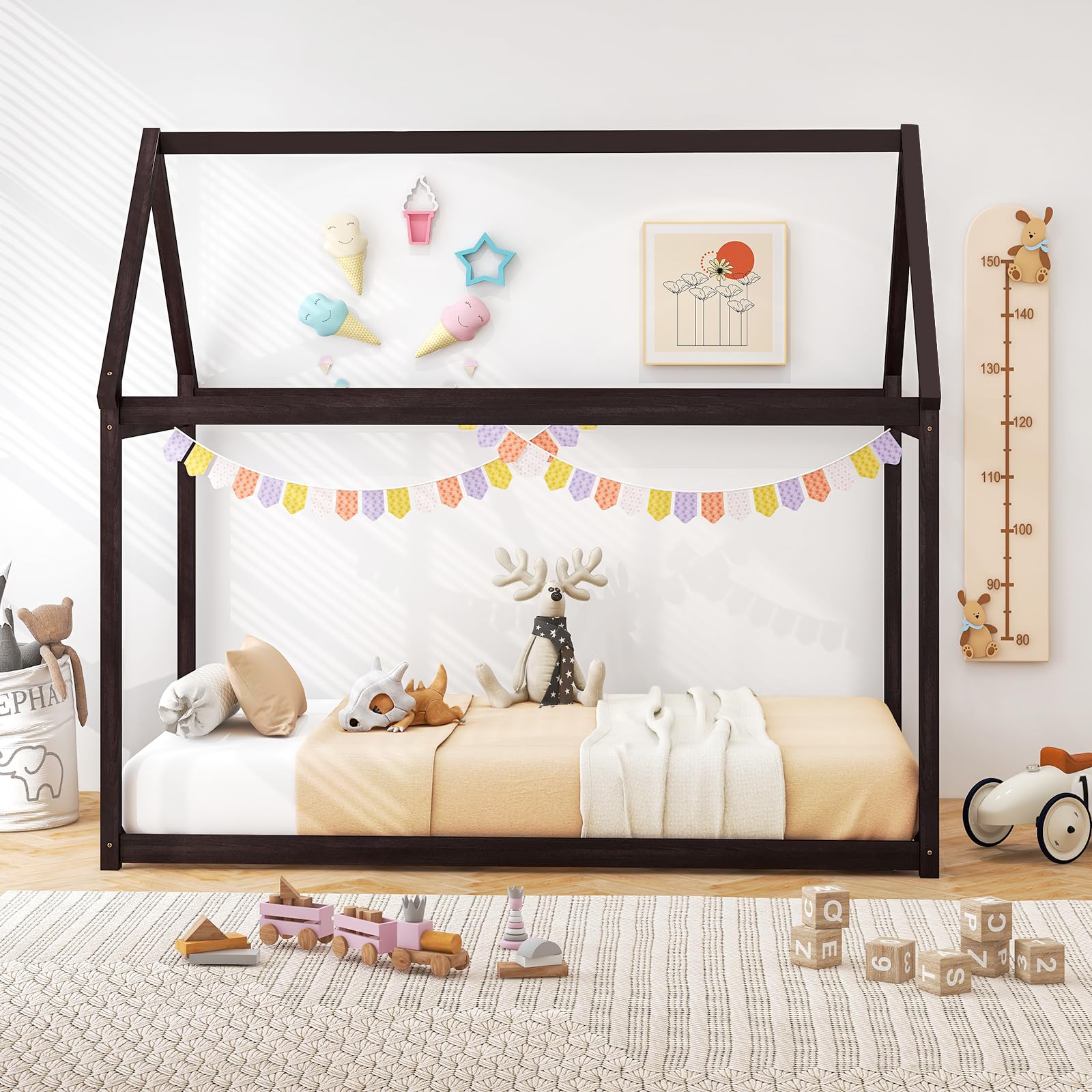 Twin House Bed Frame with Canopy for Kids