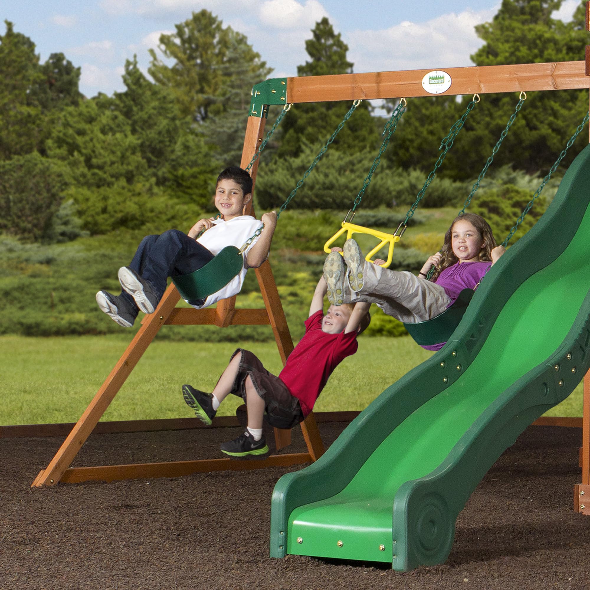 Shenandoah Cedar Wood Swing Set with Wave Slide, Raised Clubhouse