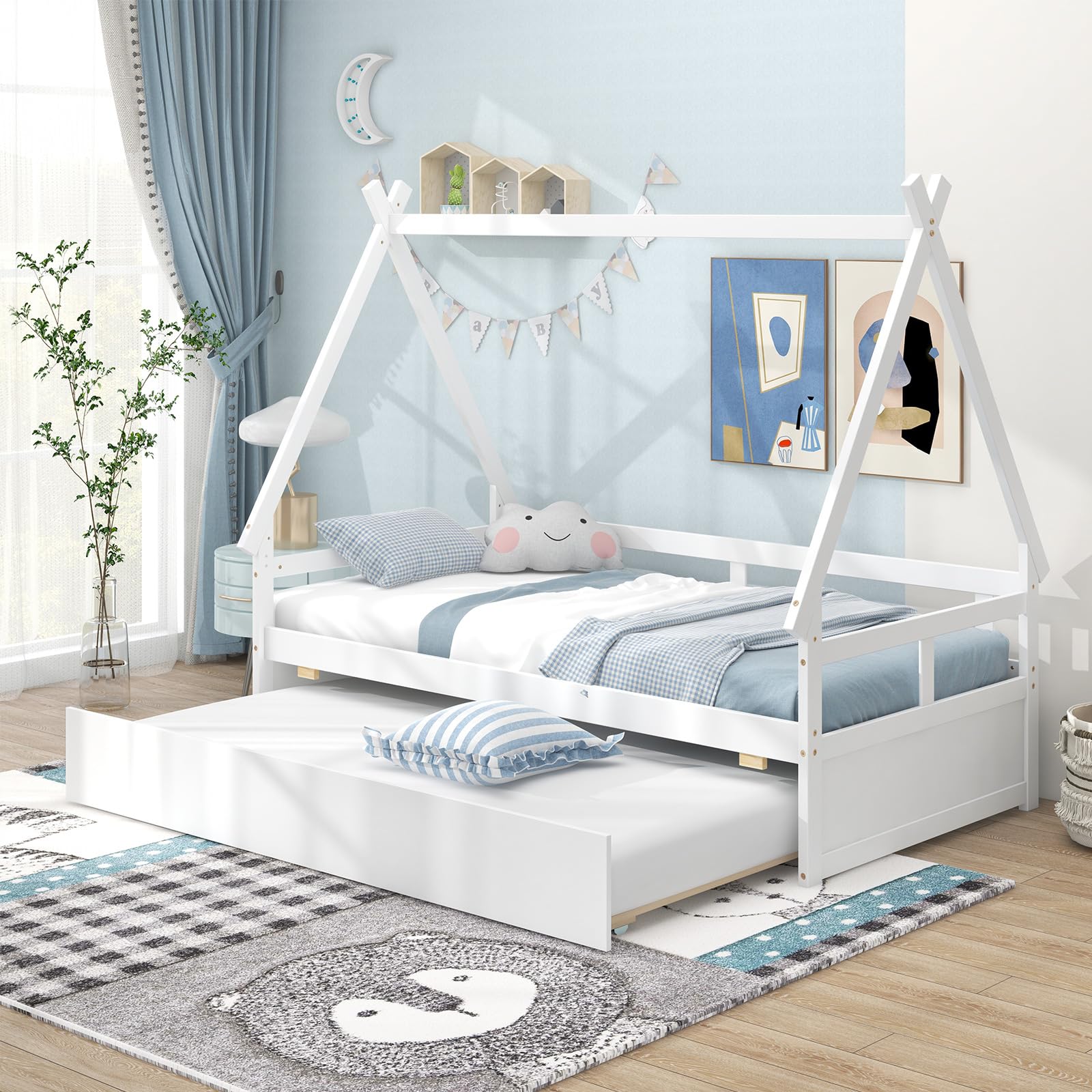 Giantex House Bed with Trundle Twin, Wood Montessori Bed Frame with Safety Guardrail, Low Kids Teepee Bed for Boys Girls Teens, No Box Spring Needed, White