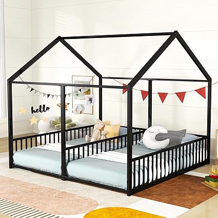 Double Floor Bed for Twins,Twin Size House Bed for 2 Kids,Two Shared Beds,Twin House Platform Beds,Metal Floor Bed Frame with Rails for Girls,Boys(White)