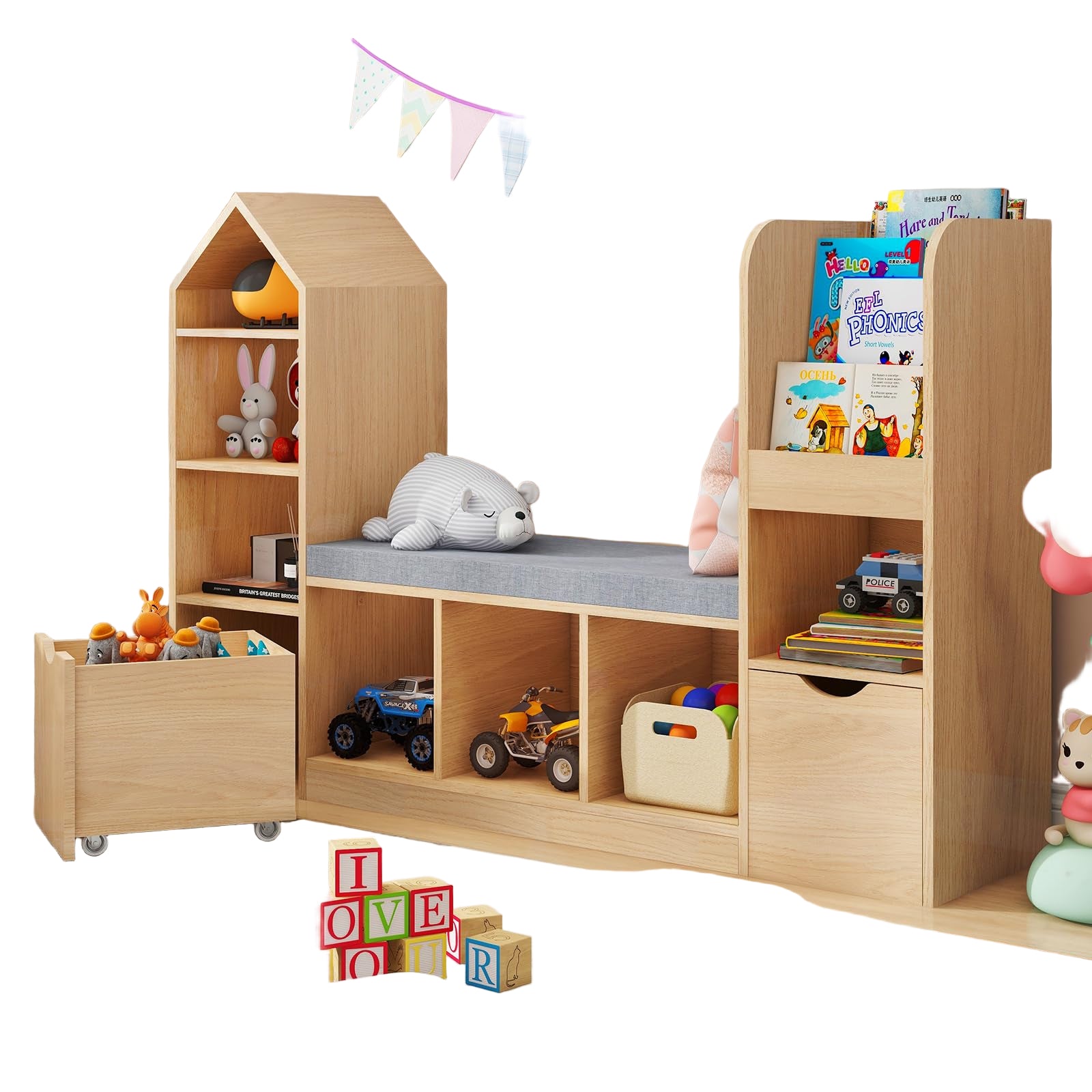 Kids Bookcase with Reading Nook, Oak Bookshelf with 7 Storage Cubbies