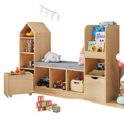 Kids Bookcase with Reading Nook, Oak Bookshelf with 7 Storage Cubbies