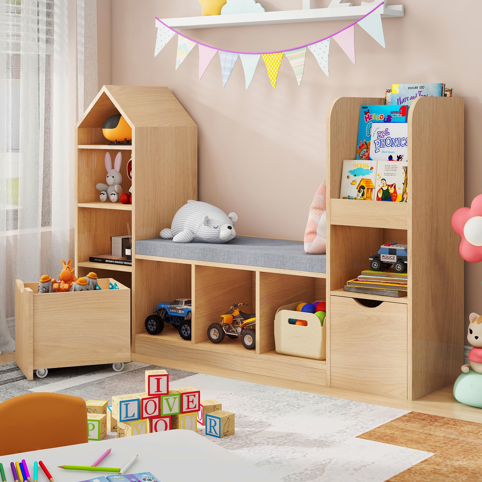 Kids Bookcase and Bookshelf with Reading Nook, Toy Storage Organizer