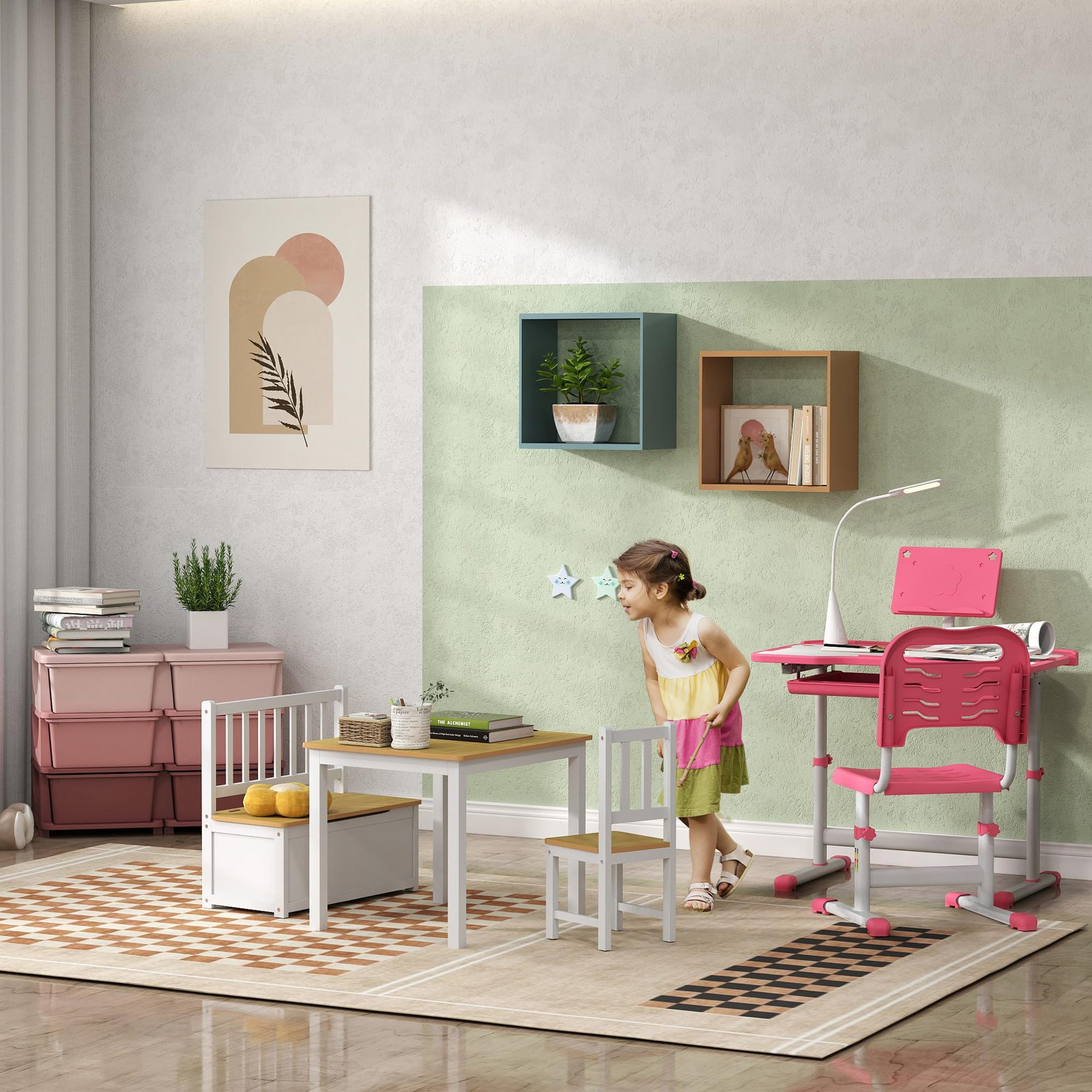 4-Piece Kids Table Set with 2 Wooden Chairs, 1 Storage Bench