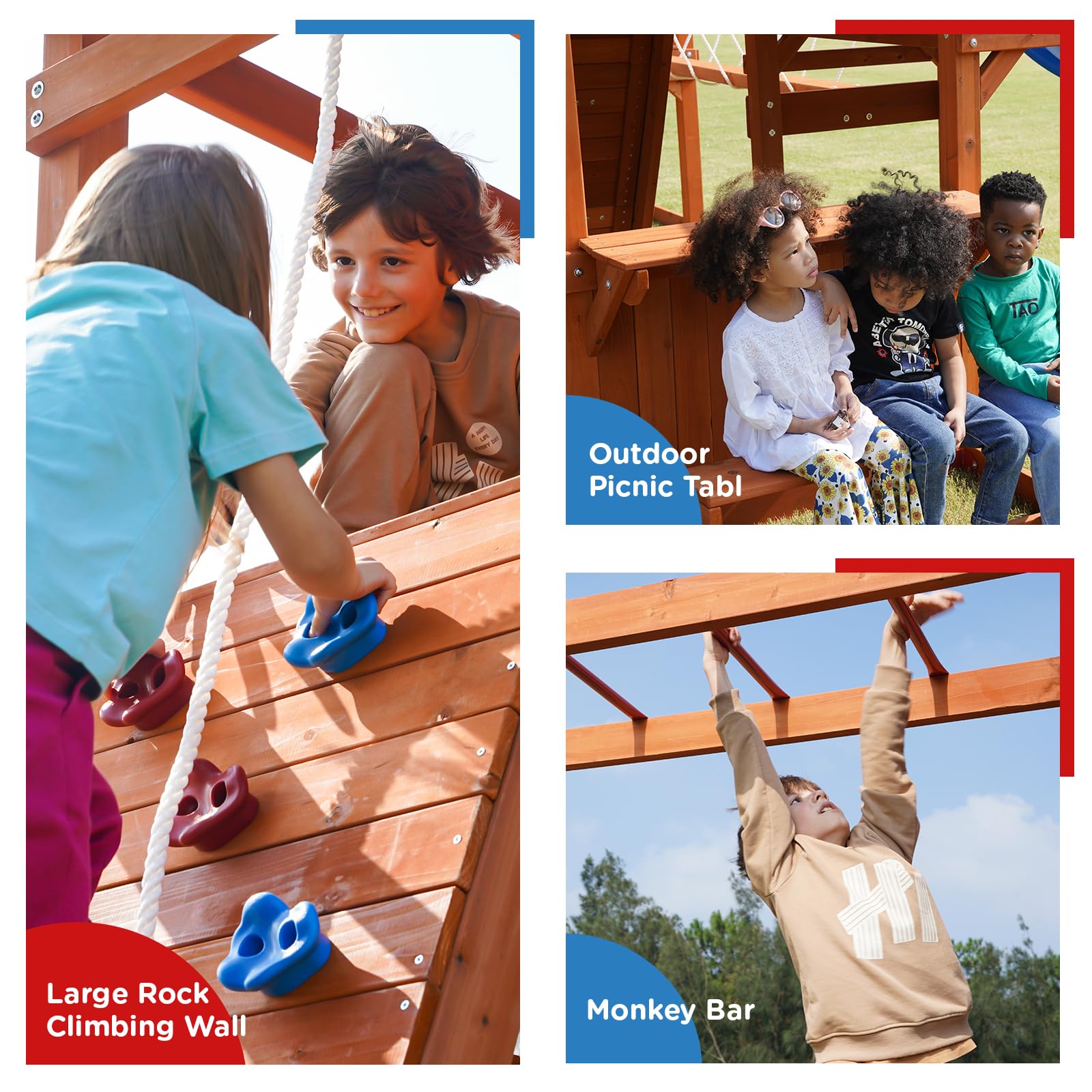 Wooden Swing Set with Monkey Bar Plank Bridge Climbing Wall