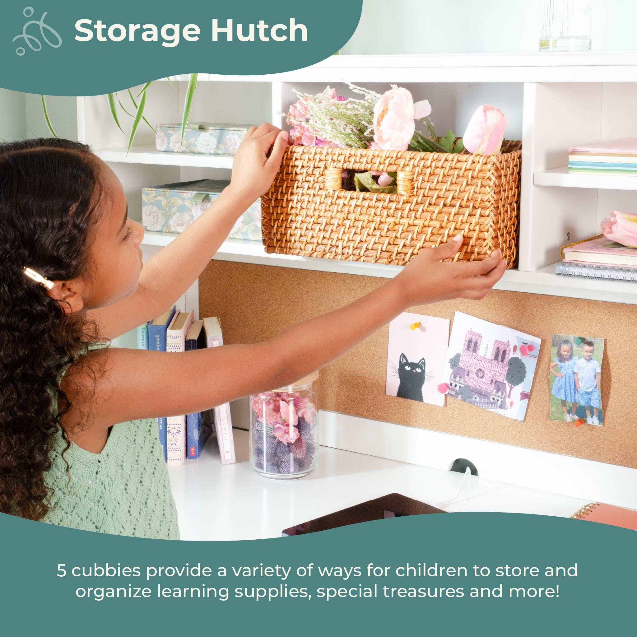 Kids Desk and Chair Set with Hutch White Wood Storage