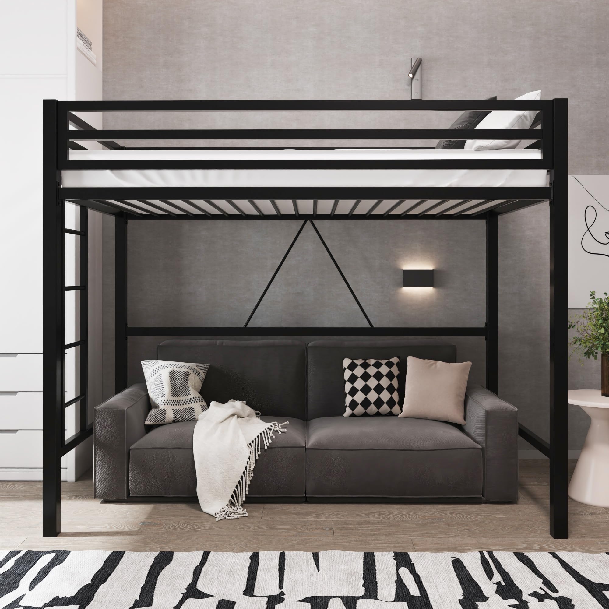 Metal Loft Bed Twin Size with Guardrail and Ladder