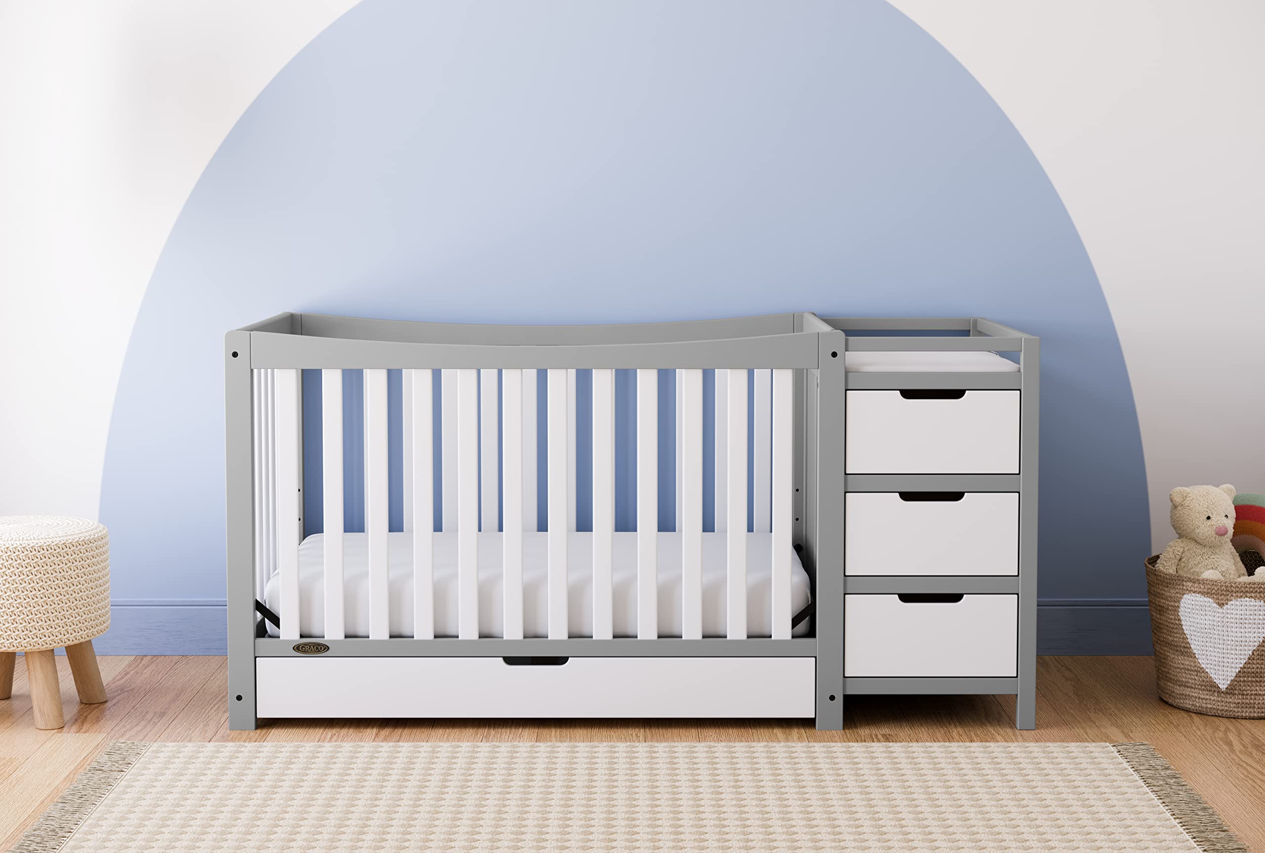 4-In-1 Convertible Crib & Changer With Drawer (Pebble Gray & White)