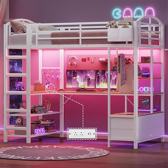 Loft Bed Twin Size with L Shape Desk,4 Drawers
