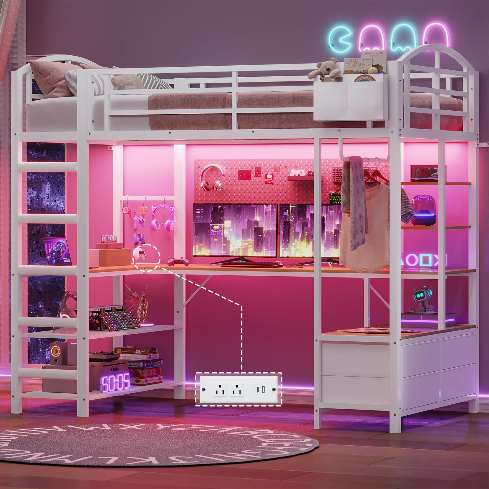 Twin Loft Bed with L-Shaped Desk and LED Lights