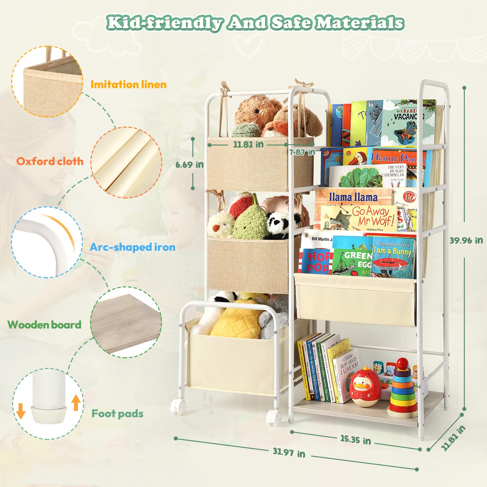 Montessori Kids Bookshelf with Toy Storage Organizer