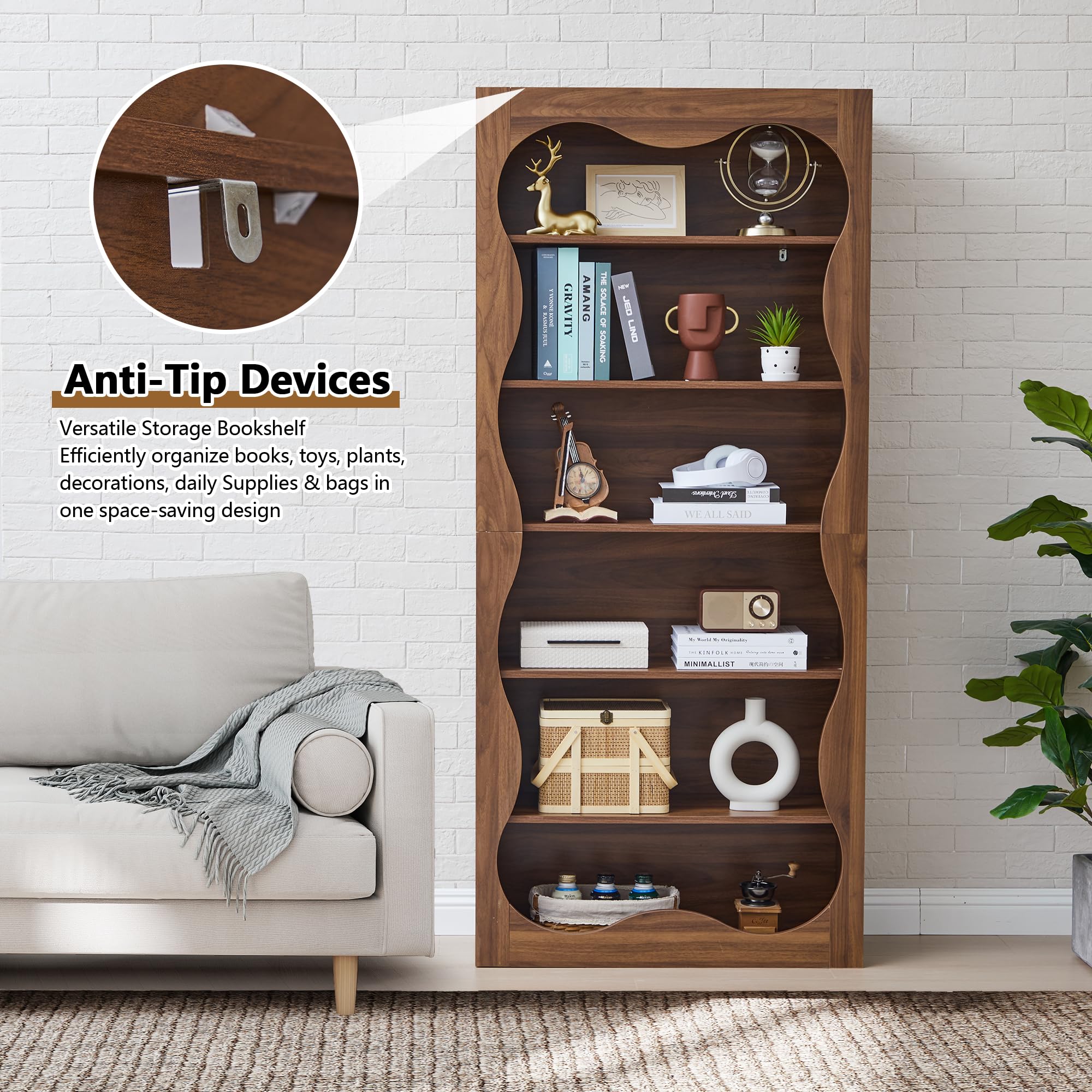 6 Tier Tall Bookshelf Wooden Storage Display Shelves