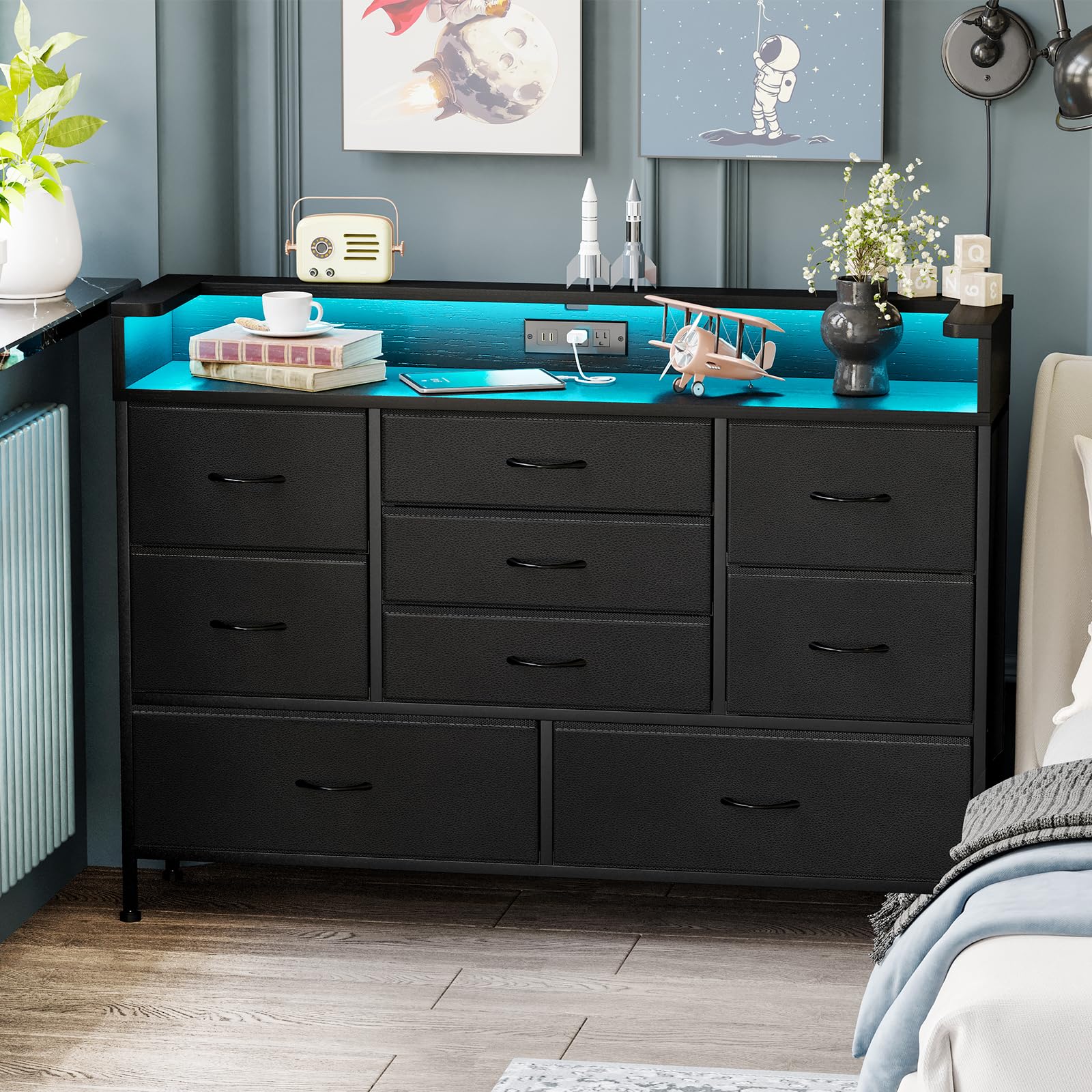 Black Dresser with Charging Station and LED Lights