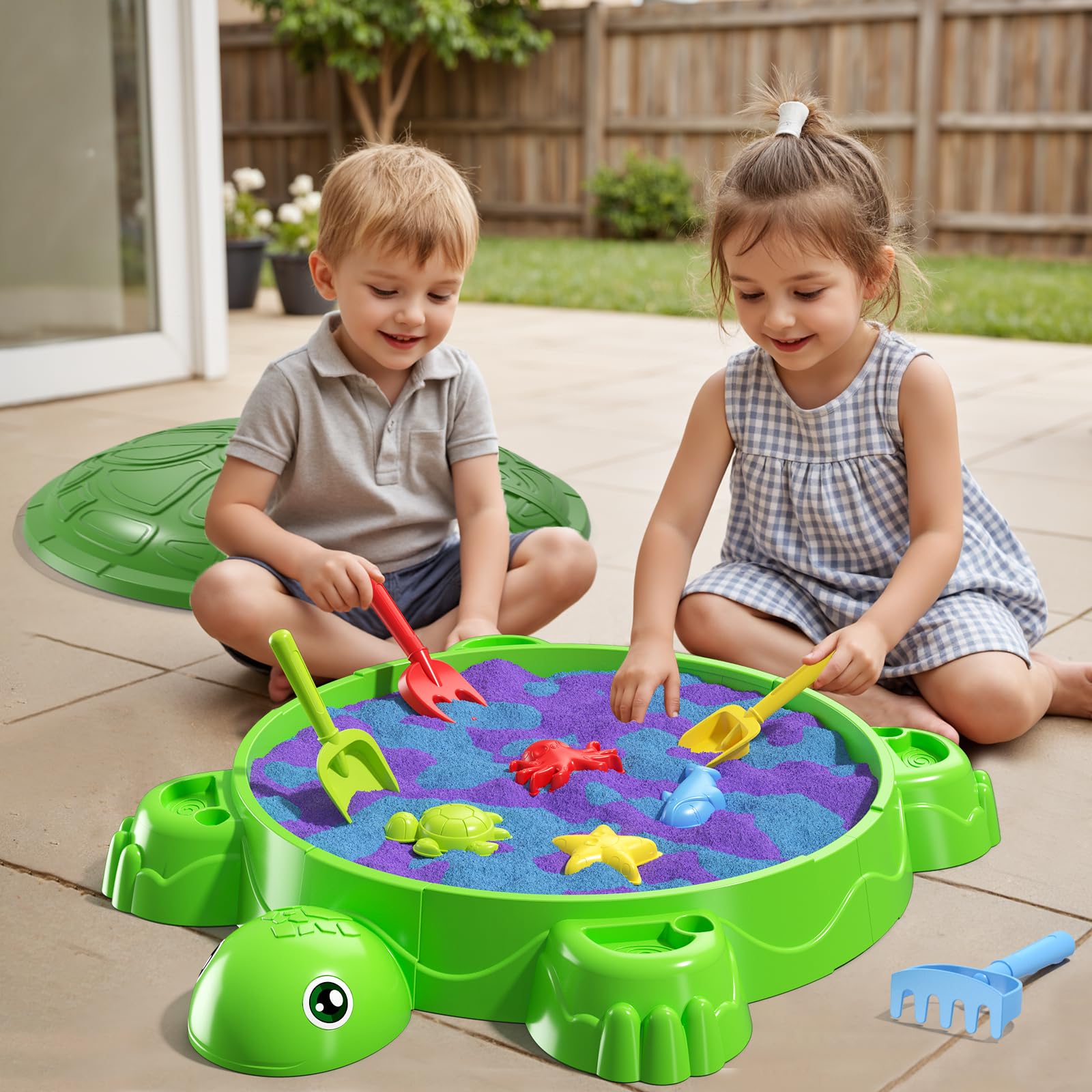 Turtle Sandbox with Lid, Sand Box with Cover incl 8 Sand Toys