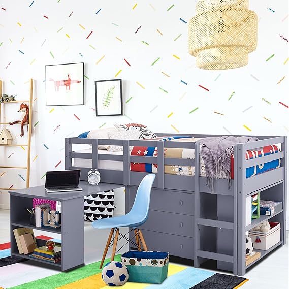 Twin Size Loft Bed with Desk Low Study Kids Bed