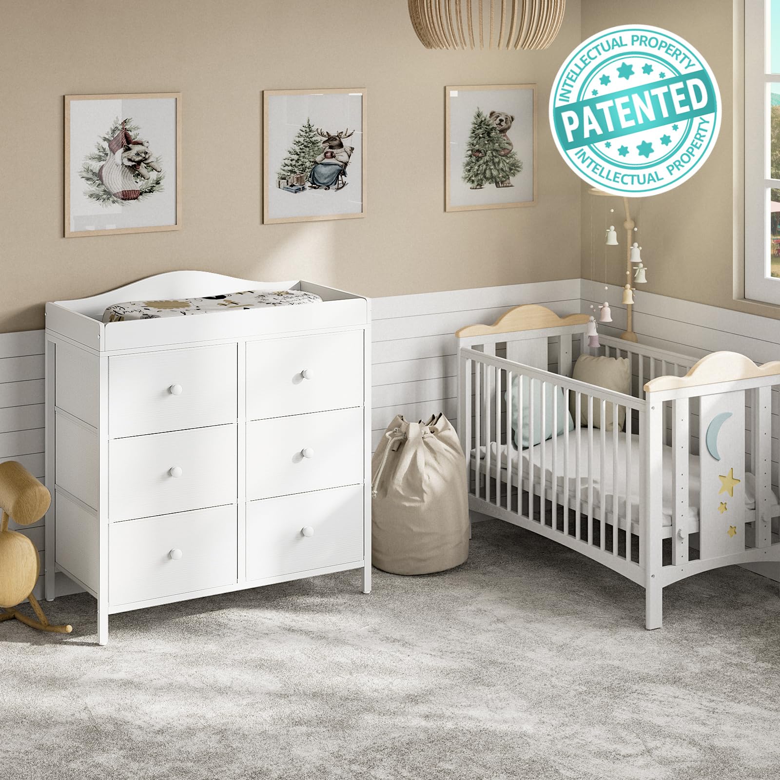 Changing Table Dresser with 6 Fabric Drawers