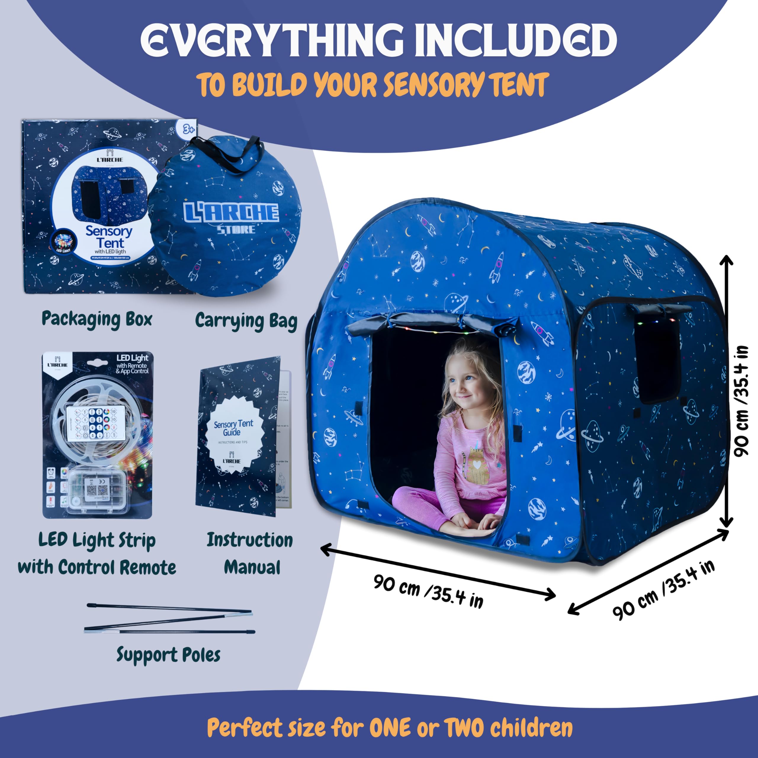Sensory Tent for Kids with LED Lights & Remote – Blackout Pop-Up Calm Down for Autism, ADHD & SPD – Indoor Sensory Room & Play Tent – Foldable & Portable – L’Arche (Space Theme, Regular 35.4 in)