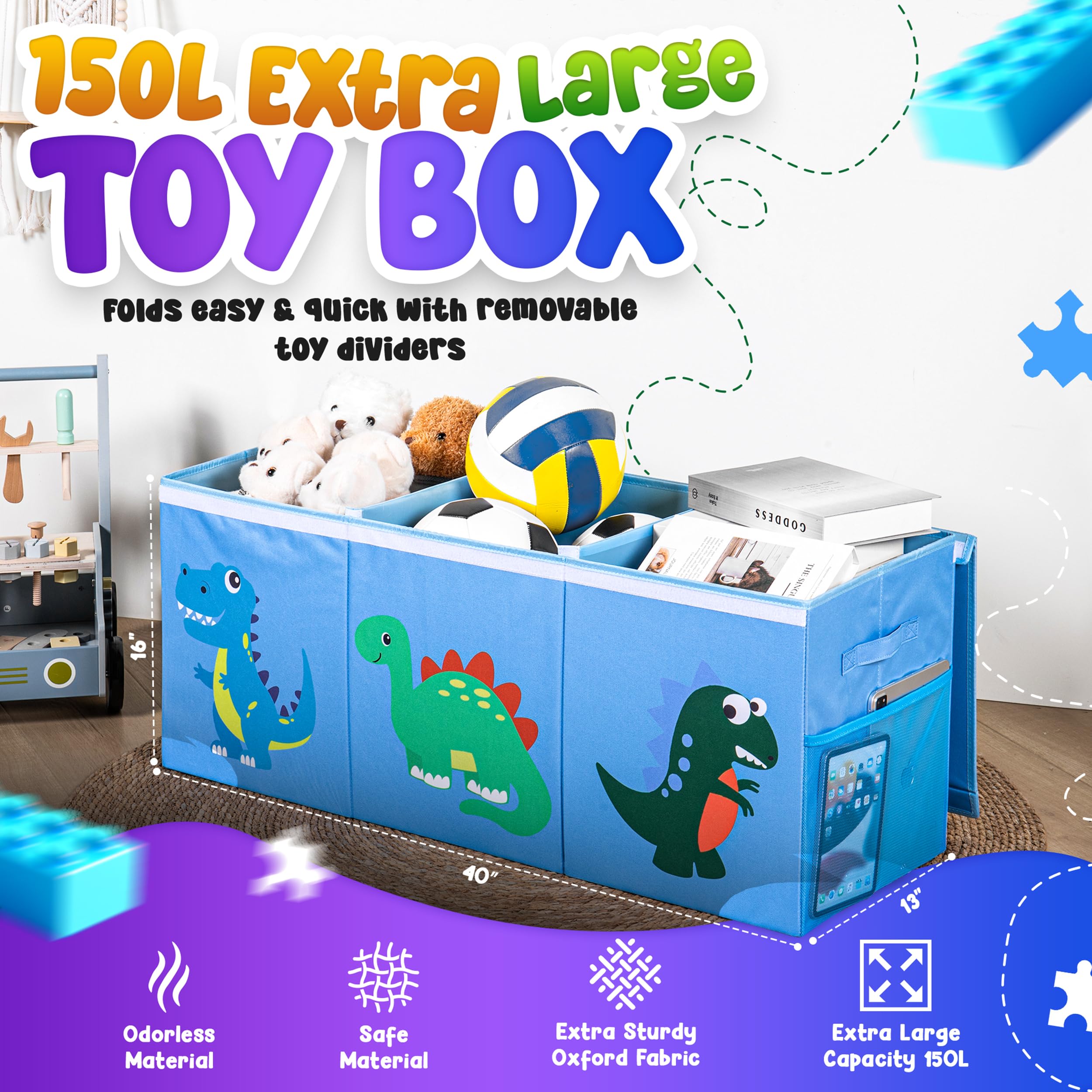 Extra Large Toy Storage Organizer with Dividers and Mesh Pockets