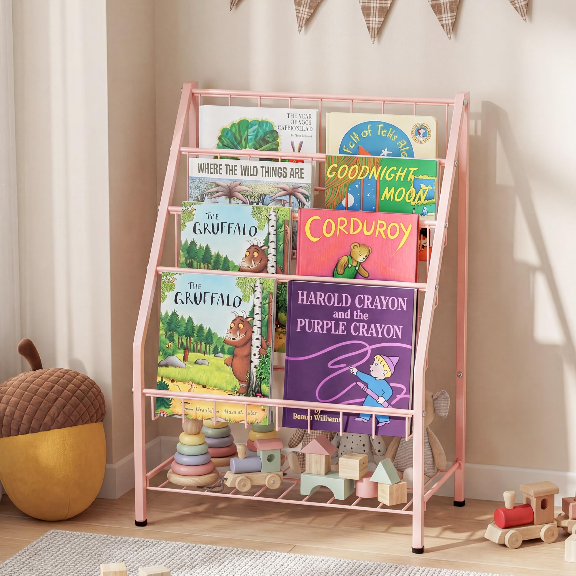 4-Tier Metal Kids Bookshelf with Toy Storage