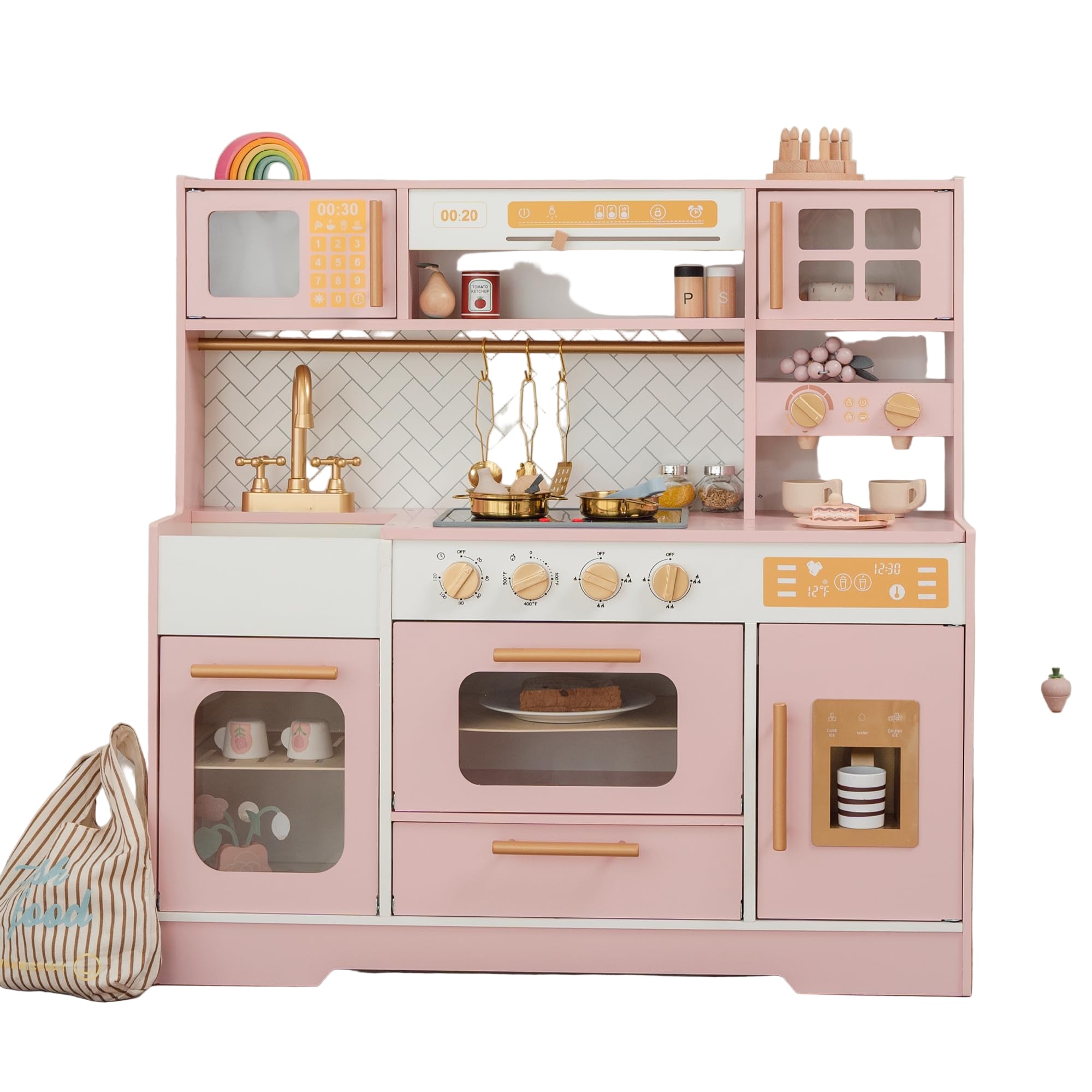 Pink Wooden Play Kitchen for Kids– Realistic Appliances, Storage & 15 Fun Accessories
