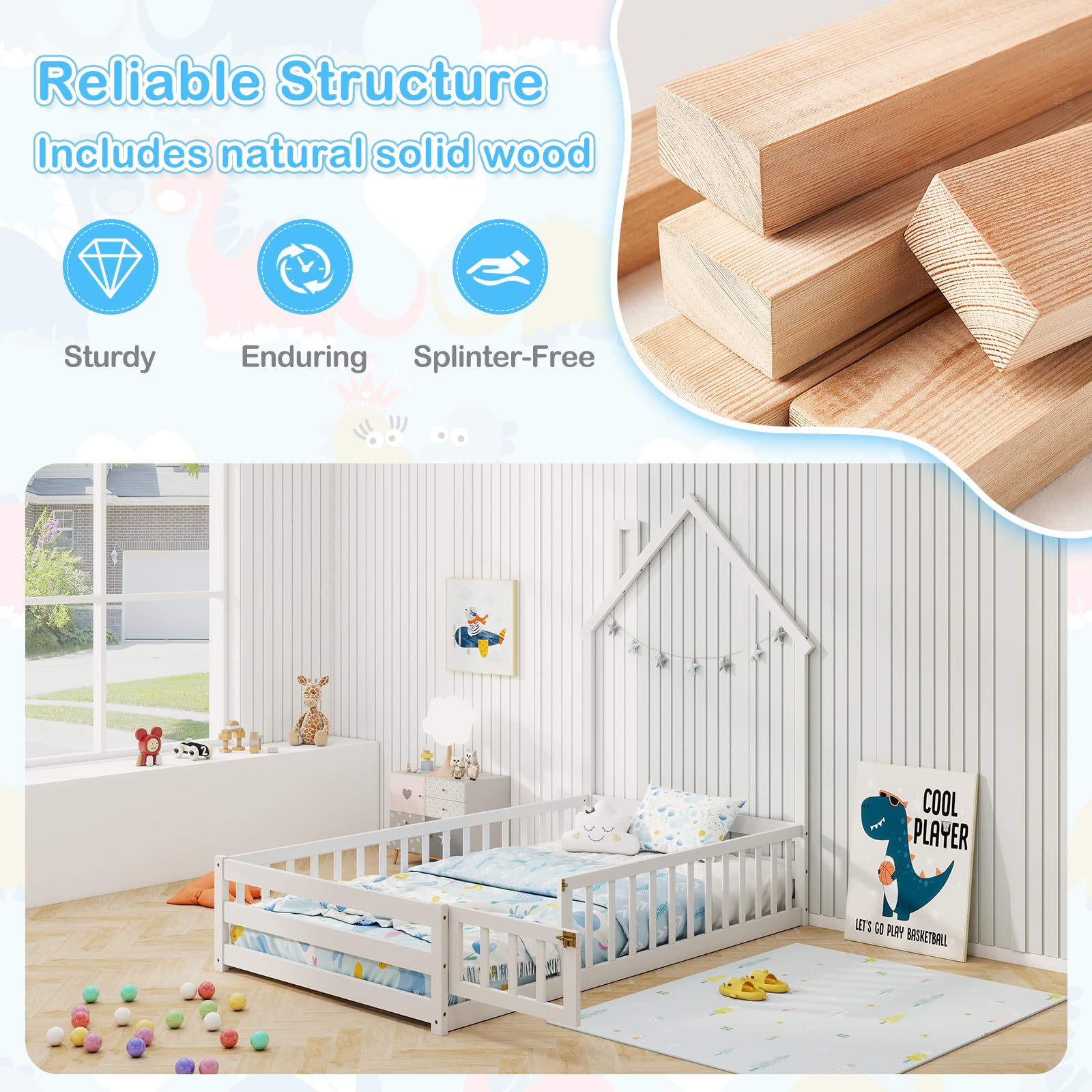 Twin Floor Bed with House-Shaped Headboard and Safety Guardrail