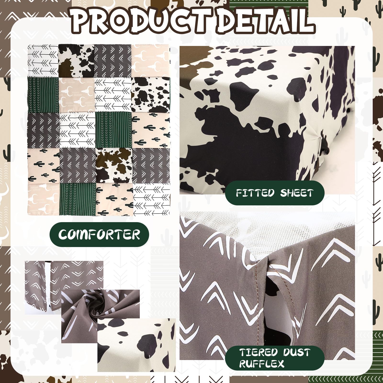Western Crib Bedding Set 3 Piece Cow Cactus Print