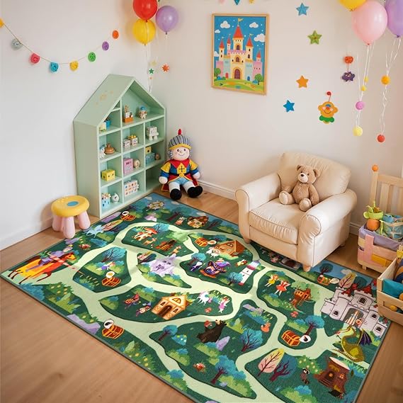 Kids Playroom Rug - Boys and Girls Fantasy Adventure Play Mat, Washable Forest Road