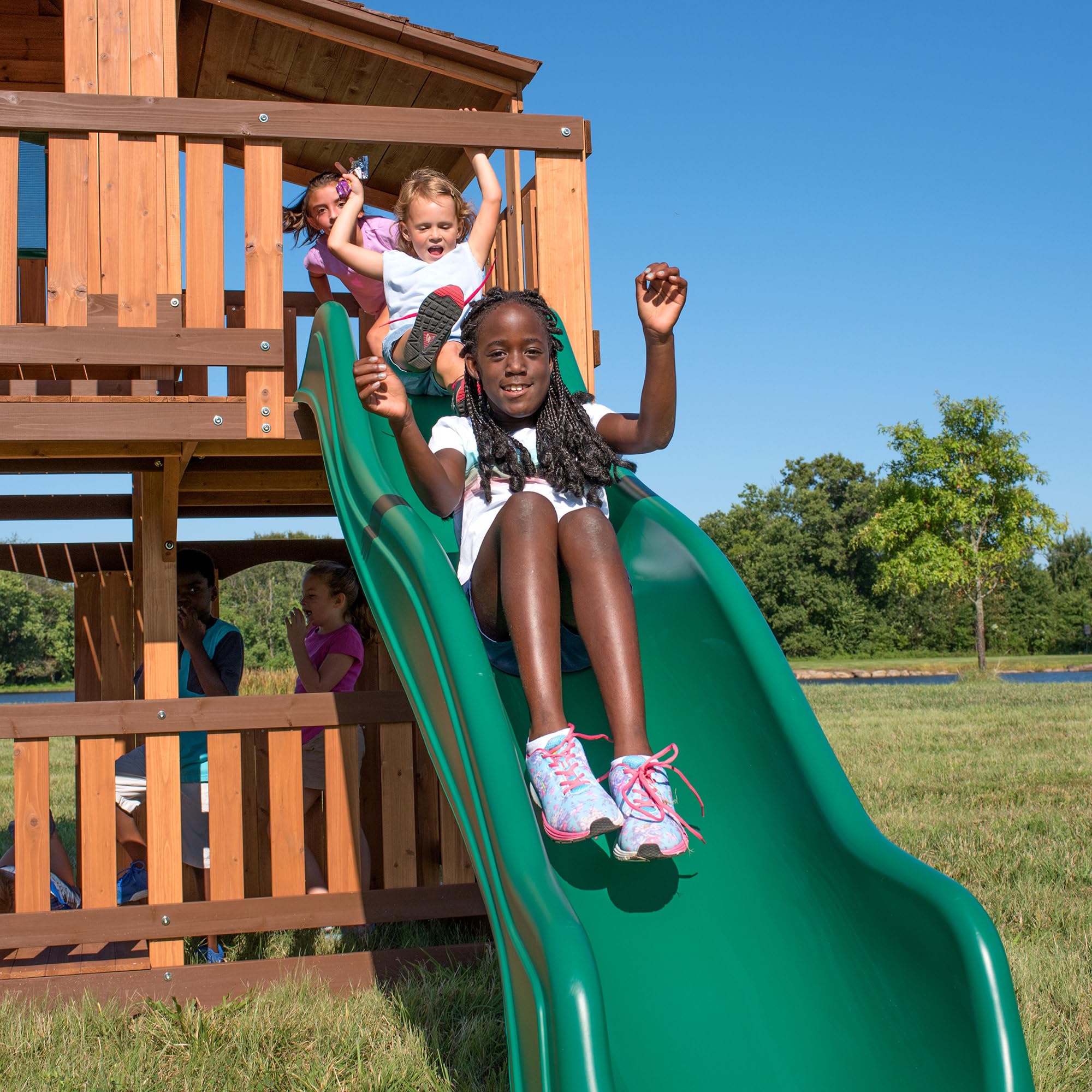 Cedar Wood Swing Set with Clubhouse, Wave Slide, and Rock Wall - Outdoor Playset