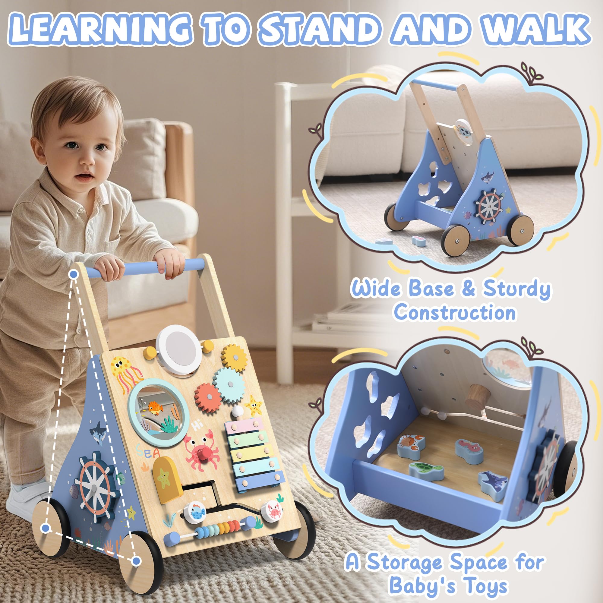 Ocean-Themed Wooden Baby Walker with Activity Center