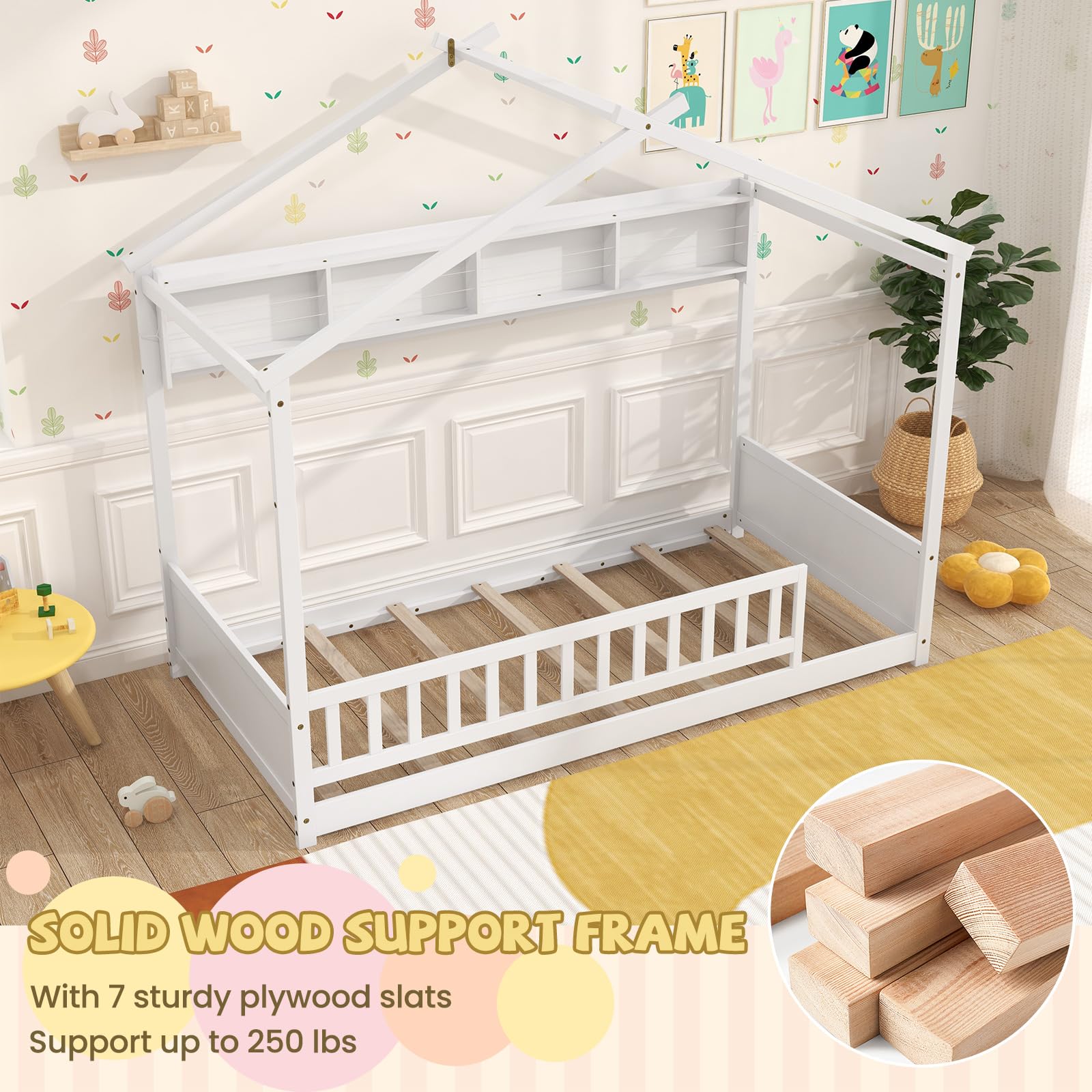 Twin Floor House Bed with Storage Shelf and Safety Guardrails